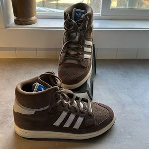 Brown and beige adidas high top